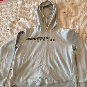 Light blue with camo Under Armour sweatshirt. Size large. TTS fit.